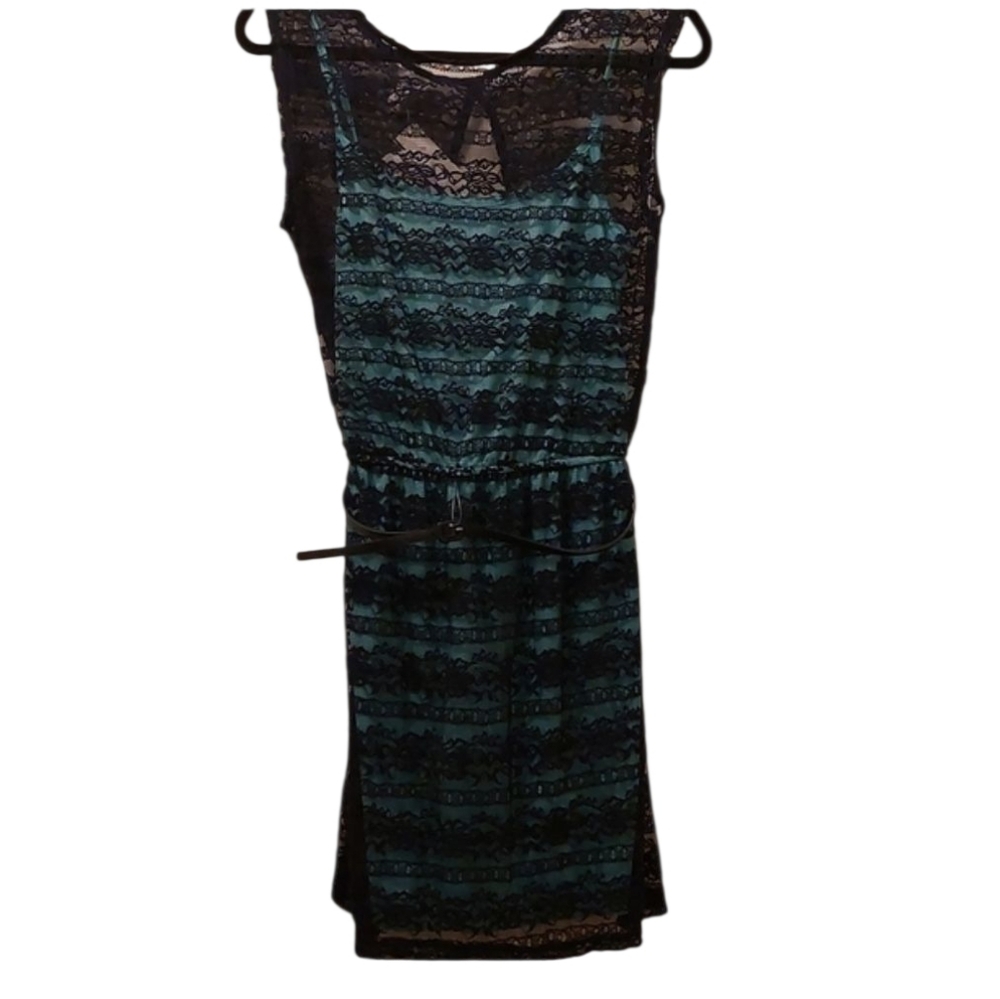 Speechless Lace and Camisole Dress M navy blue lace aqua NWT